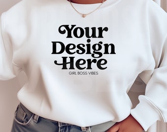 White Sweatshirt Mockup, Gildan 18000 Mockup Pink, Black Model Mockup, White Sweat Shirt Mock Ups