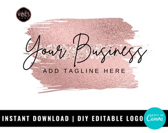 Rose Gold Glitter Logo, Feminine Logo, Brush Stroke Logo, Beauty Logo, Editable Logo, Pretty Logo, Instant Download