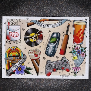Shaun of the Dead traditional tattoo flash sheet tattoo print  gift tattoo wall art home decor