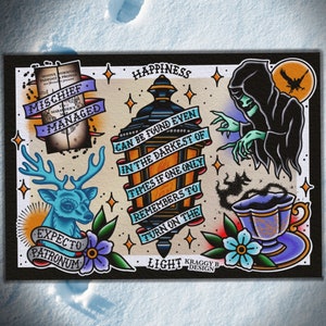 Magic Wizard Boy traditional tattoo flash sheet tattoo print  gift tattoo wall art home decor