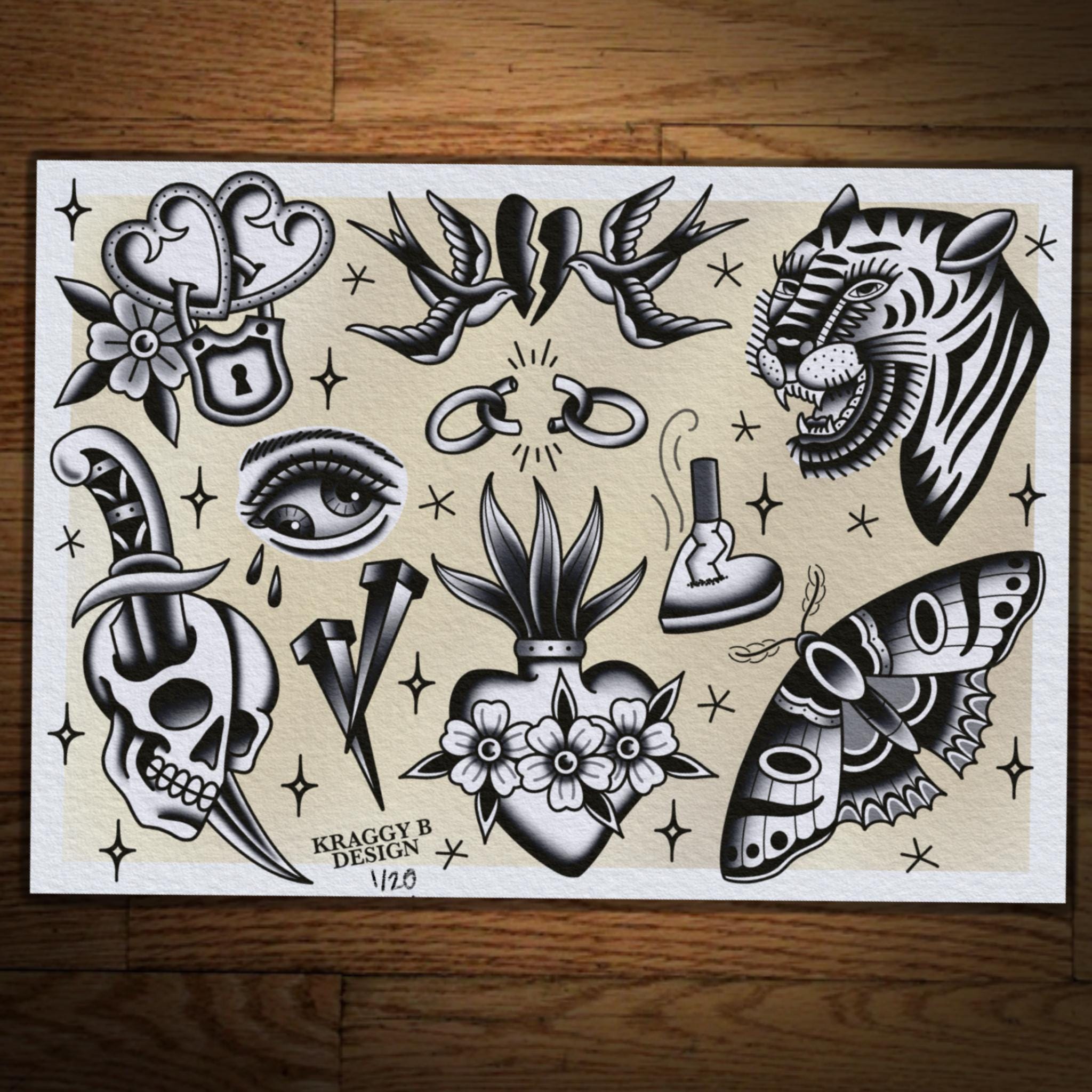 Set of 3 Traditional Tattoo Flash Sheet Tattoo Print Gift