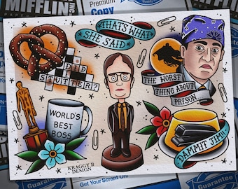 The Office US traditional tattoo flash sheet tattoo print  gift tattoo wall art home decor