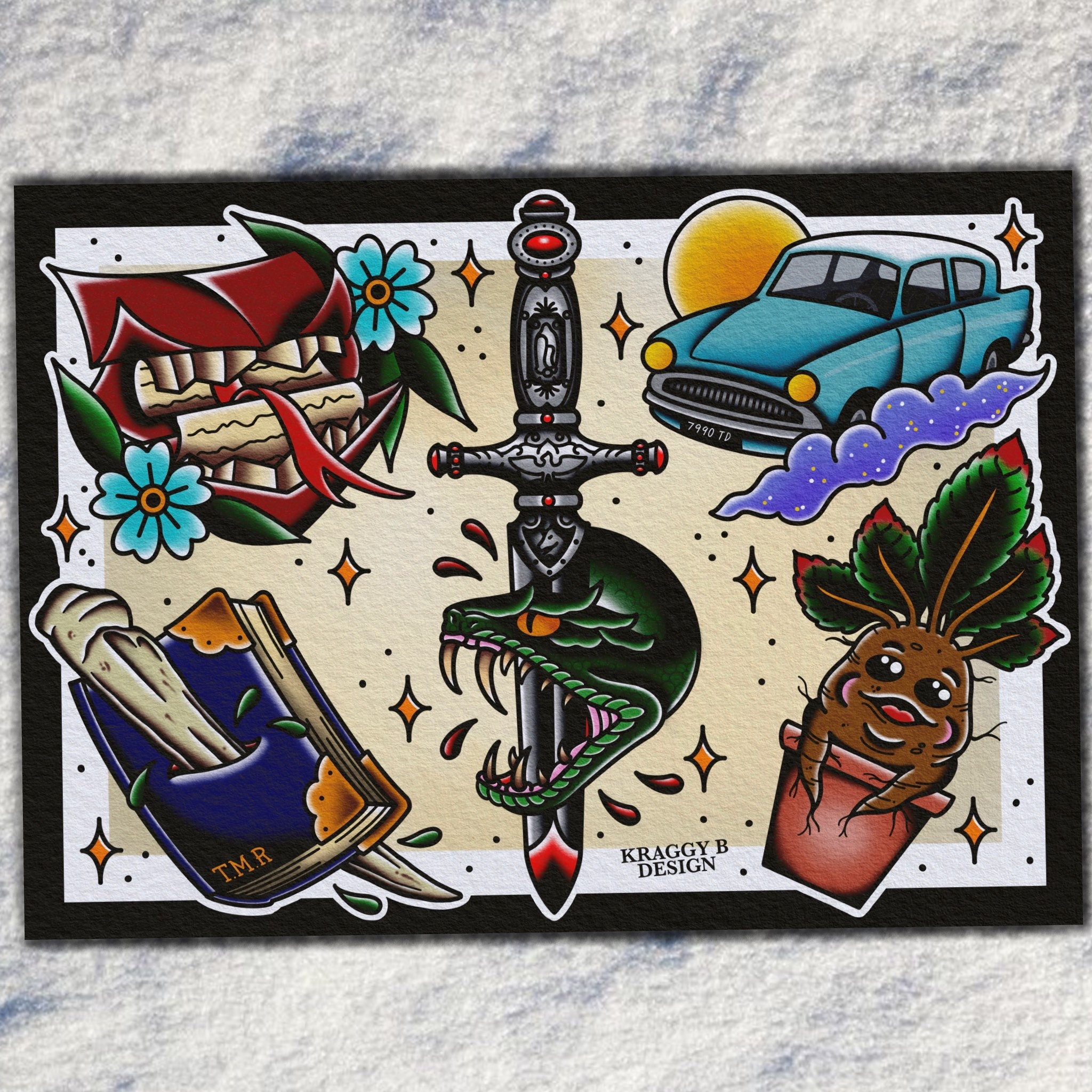 A3 Magic Wizard boy and the dungeon of surprises tattoo flash print