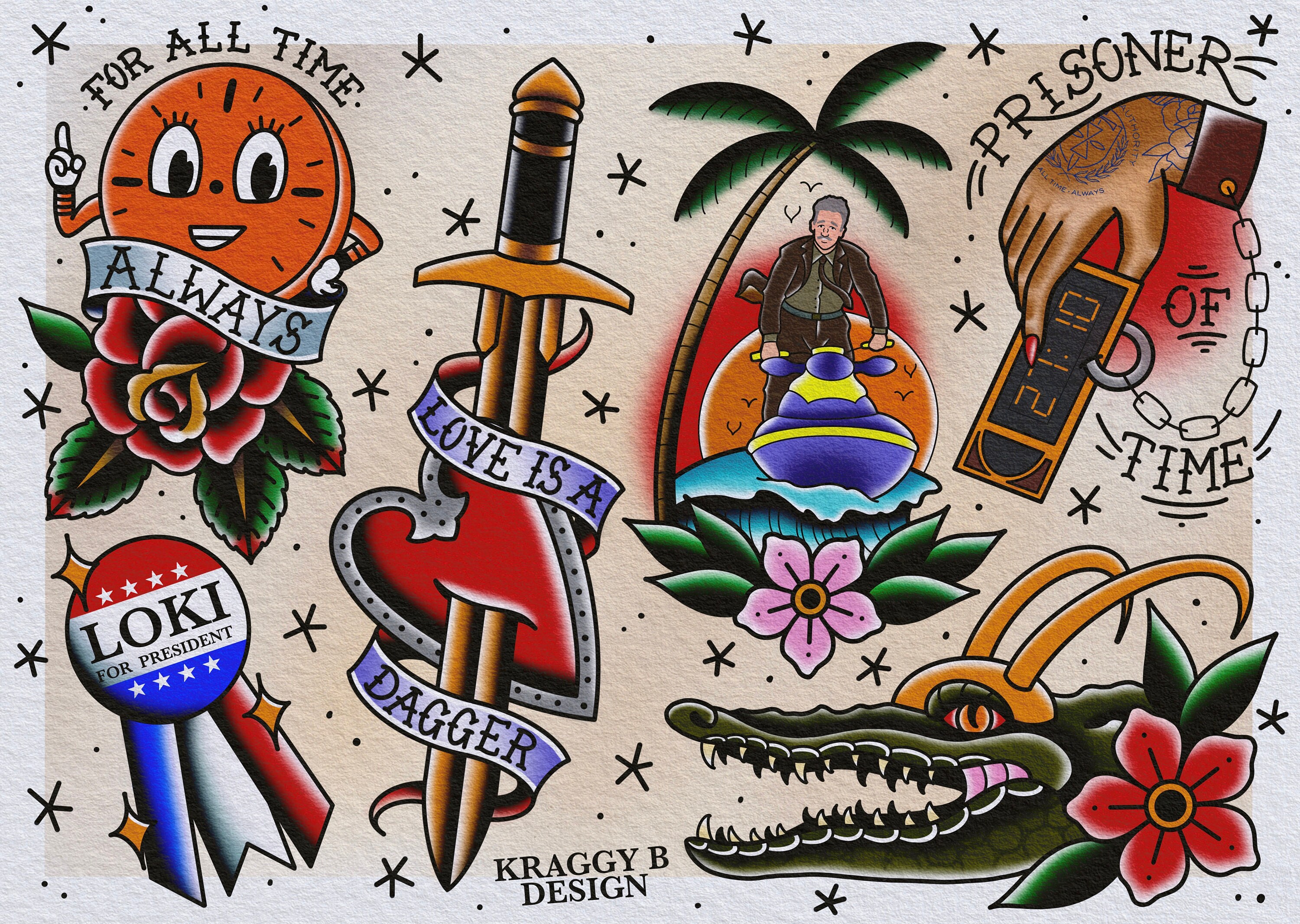 Marvel Loki Traditional Tattoo Flash Sheet Tattoo Print Gift