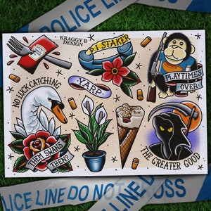 May include: A colourful illustration of various tattoo designs, including a swan, a plant, a phone, a monkey, a reaper, and an ice cream cone. The designs are in a traditional tattoo style with bold outlines and bright colours.