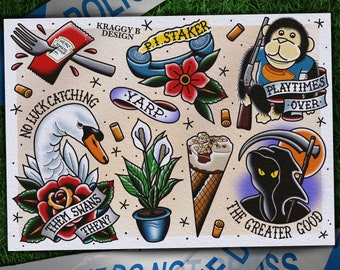 Hot Fuzz traditional tattoo flash sheet tattoo print gift tattoo wall art home decor