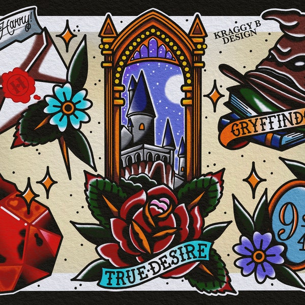Magic Wizard Boy i Thinkers Rock tradycyjny tatuaż flash sheet tatuaż wydruk prezent tatuaż sztuka ścienna wystrój domu