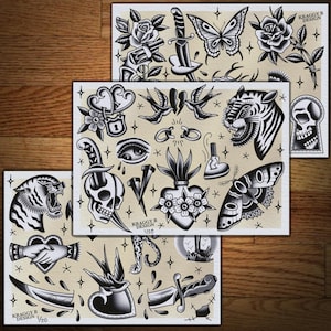 Lot de 3 feuilles de tatouage flash tatouage impression cadeau art mural tatouage décoration flash tatouage traditionnel