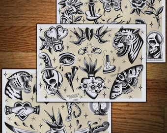 Set of 3 traditional tattoo flash sheet tattoo print  gift tattoo wall art home decor Traditional tattoo flash