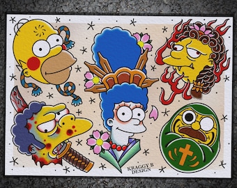 May include: A tattoo flash sheet featuring stylized cartoon characters. Homer Simpson, Marge Simpson, Moe Szyslak, and others are depicted in a traditional tattoo style, with bold outlines and vibrant colors. The sheet includes the text "KRAGGY B DESIGN".