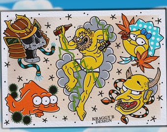 Japanese simpsons tattoo traditional simpsons tattoo flash sheet tattoo print gift tattoo wall art home decor simpsons bootleg