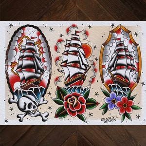 tradizionale nave tatuaggio flash foglio tatuaggio stampa regalo tatuaggio arte della parete decorazioni per la casa