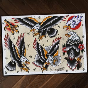 traditional Eagle tattoo flash sheet tattoo print gift tattoo wall art home decor