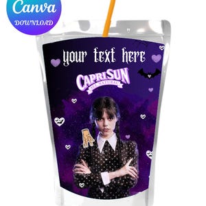 Pode incluir: Uma maquete de embalagem de suco Capri Sun com um design roxo e preto, o texto "your text here" e o logotipo Capri Sun. A imagem inclui uma menina com tranças e o texto "CapriSun Template". Uma palhinha é visível.