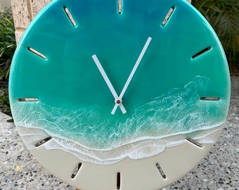 40cm Resin Art Beach Clock | Ocean Theme Clock | Elegant Resin Waves