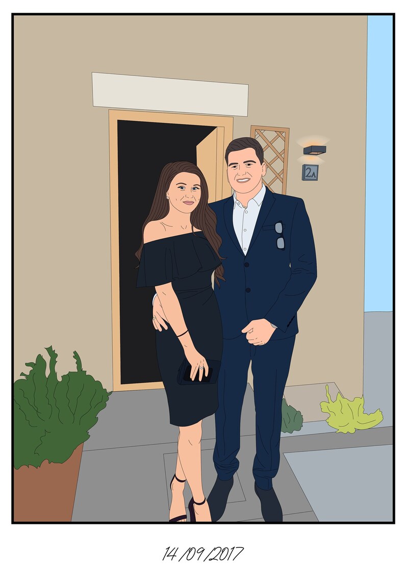 May include: A couple poses for a photo in front of a door. The woman is wearing a black off-the-shoulder dress and the man is wearing a blue suit. The date 14/09/2017 is written at the bottom of the image.