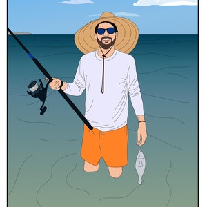 May include: A man wearing a straw hat and sunglasses is fishing in the ocean. He is holding a fishing rod and a fish. The text "Happy Birthday Steve Baja. 2022" is written at the bottom of the image.