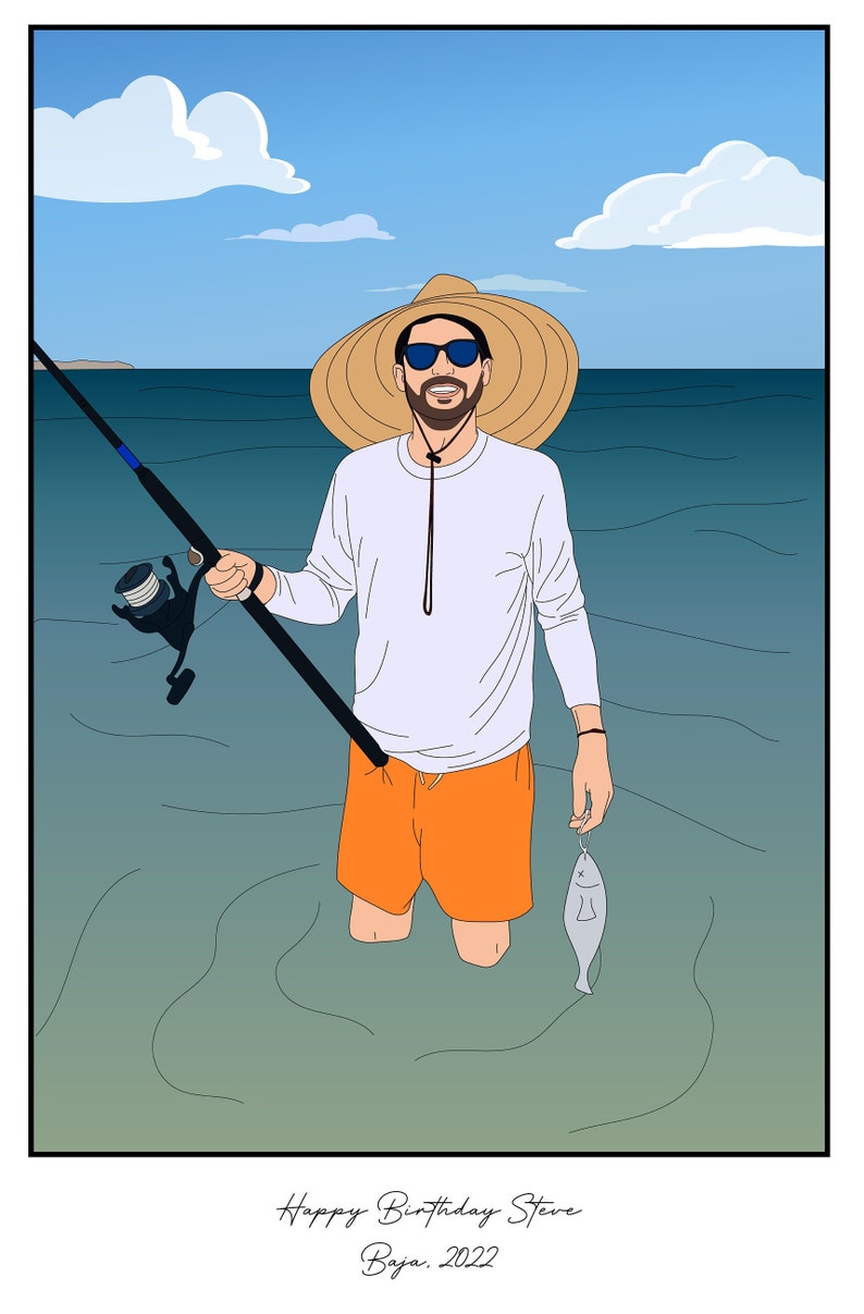 May include: A man wearing a straw hat and sunglasses is fishing in the ocean. He is holding a fishing rod and a fish. The text "Happy Birthday Steve Baja. 2022" is written at the bottom of the image.