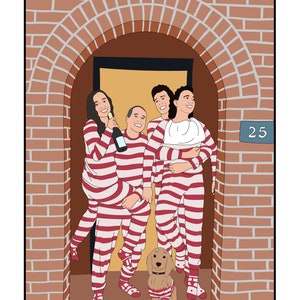 May include: A group of five people wearing red and white striped pajamas stand in a doorway with a dog in front of them. The door has a number "25" on it. The caption below the image reads "A Kilsby Christmas".
