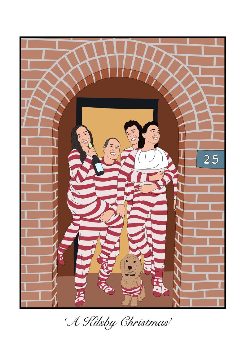 May include: A group of five people wearing red and white striped pajamas stand in a doorway with a dog in front of them. The door has a number "25" on it. The caption below the image reads "A Kilsby Christmas".