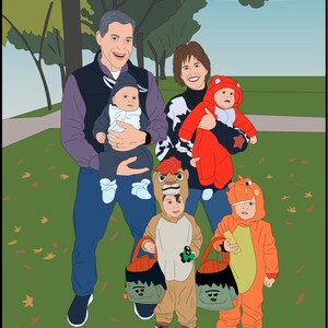 May include: A family of five dressed in Halloween costumes, including a lion, a dinosaur, and a baby in a white onesie. The adults are holding the babies and the children are holding trick-or-treat bags.