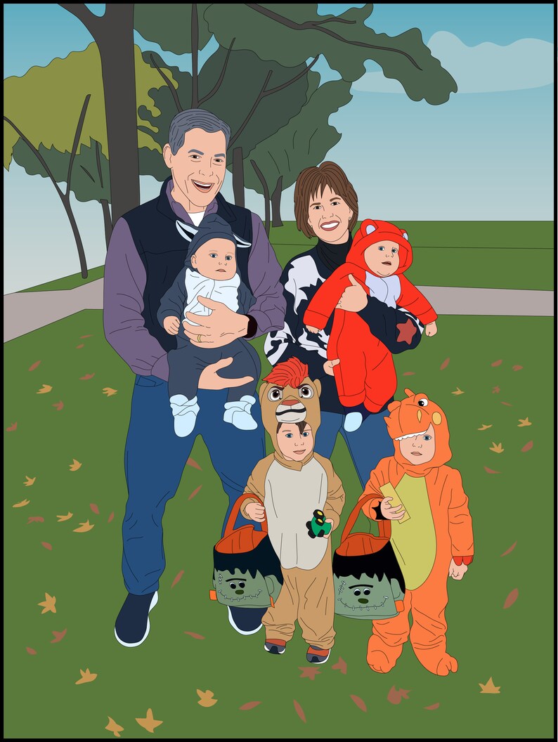 May include: A family of five dressed in Halloween costumes, including a lion, a dinosaur, and a baby in a white onesie. The adults are holding the babies and the children are holding trick-or-treat bags.