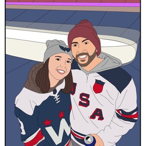 May include: A couple wearing hockey jerseys, one with a USA jersey and the other with a blue and red jersey with a white W and stars. They are standing in front of a hockey rink.