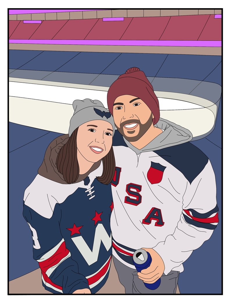 May include: A couple wearing hockey jerseys, one with a USA jersey and the other with a blue and red jersey with a white W and stars. They are standing in front of a hockey rink.