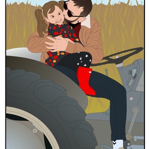 May include: A man and a young girl are sitting on a tractor. The man is wearing sunglasses and a brown jacket. The girl is wearing a red and black polka dot dress and red rain boots. The text "Love you. Deany boy" is written below the image.