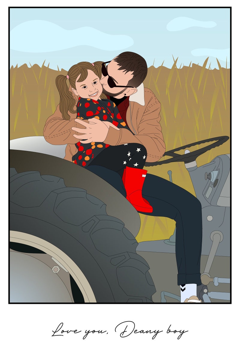 May include: A man and a young girl are sitting on a tractor. The man is wearing sunglasses and a brown jacket. The girl is wearing a red and black polka dot dress and red rain boots. The text "Love you. Deany boy" is written below the image.