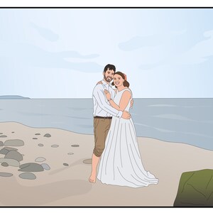 May include: A couple poses for a wedding photo on a beach. The bride is wearing a white dress and the groom is wearing a white shirt and khaki pants. They are standing on a sandy beach with rocks and the ocean in the background.