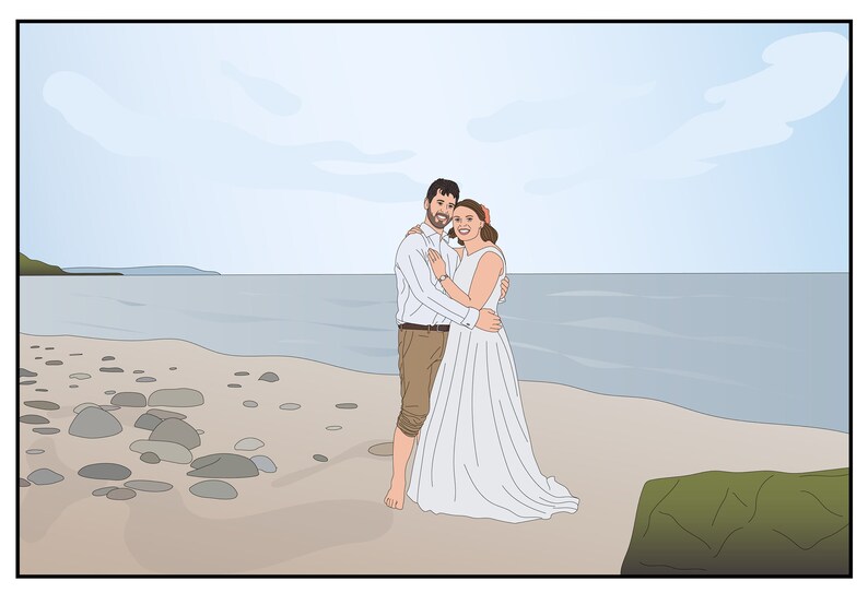 May include: A couple poses for a wedding photo on a beach. The bride is wearing a white dress and the groom is wearing a white shirt and khaki pants. They are standing on a sandy beach with rocks and the ocean in the background.