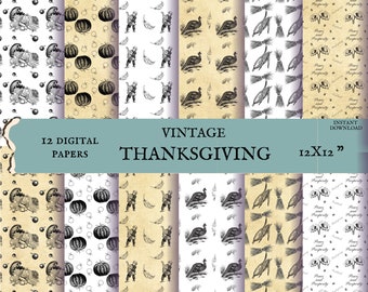 Vintage Thanksgiving digital paper, Set of 12 printable sheets with 6 antique designs, Shabby scrapbook papers, 12x12"