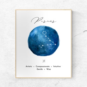 Pisces zodiac wall art, Pisces constellation poster, Pisces astrology star sign print, Various sizes