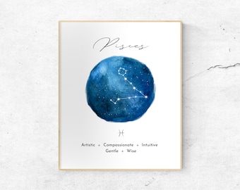 Pisces zodiac wall art, Pisces constellation poster, Pisces astrology star sign print, Various sizes