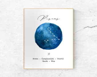 Pisces zodiac wall art, Pisces constellation poster, Pisces astrology star sign print, Various sizes