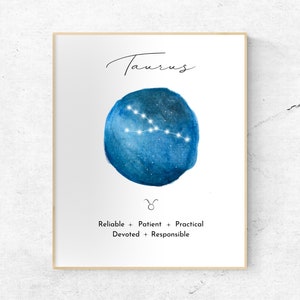 Taurus zodiac poster, Taurus constellation wall art, Taurus astrology star sign print, Various sizes