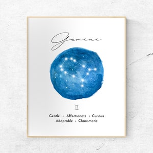 Gemini zodiac wall art, Gemini constellation poster, Gemini astrology, horoscope, star sign print, Various sizes