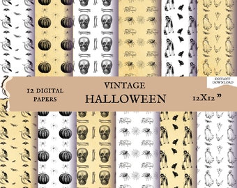 papier numérique Halloween vintage, Ensemble de 12 feuilles imprimables avec 6 motifs antiques, papiers scrapbook Shabby, 12x12"