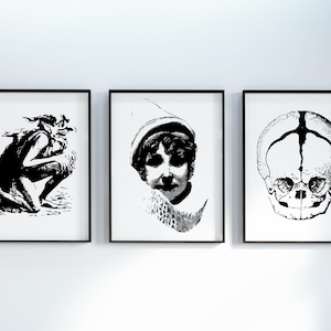 Gruselige Vintage Halloween Wandkunst, 3er Set gruselige Gothic Drucke: Clown Geist, gebrochener Schädel und Kobold, druckbare Poster, verschiedene Größen