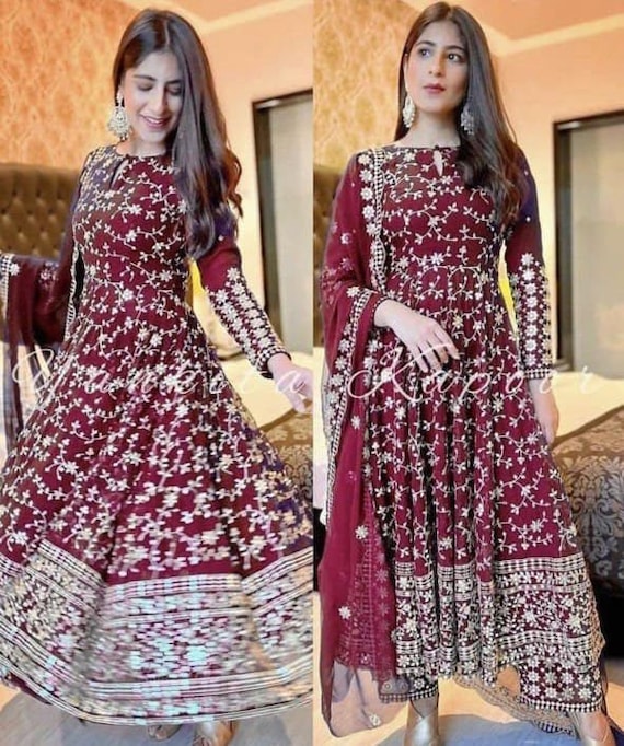 Classy Designer Pakistani Wedding and Reception long Trail Gown with  Embroidery -