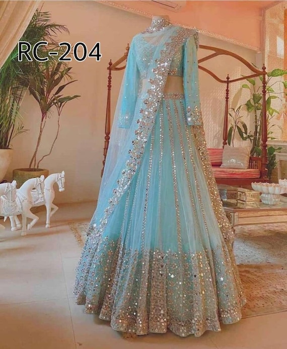 Sky Blue Organza Indian Lehenga Dresses For Wedding 2023