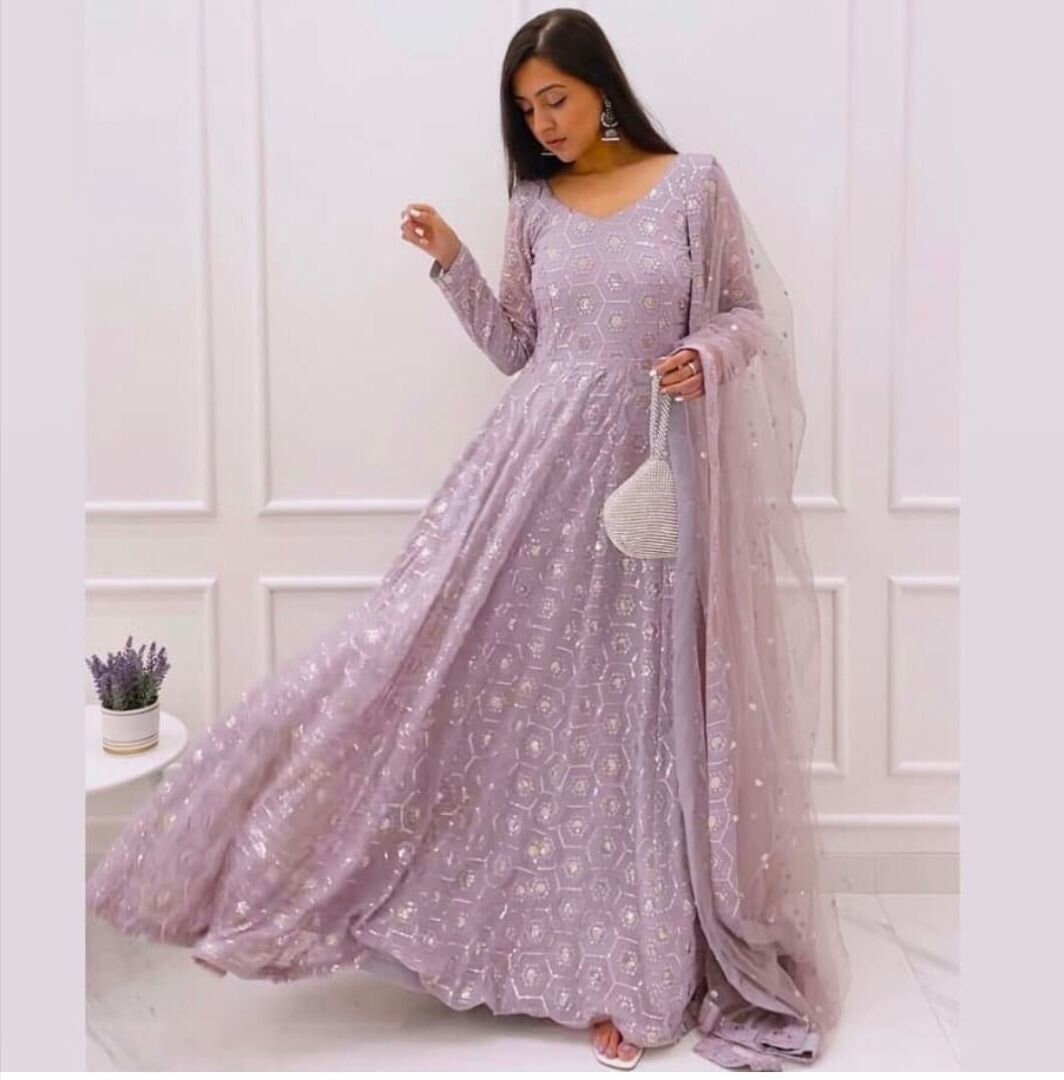 Purple Georgette Printed & Lace Embroidered Flared Anarkali Dress Design by  GENDAPHOOL at Pernia's Pop Up Shop 2024