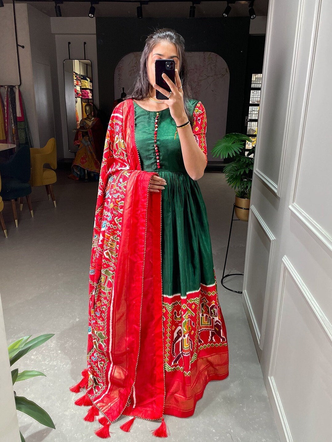 Women Green Patola Anarakali Dress