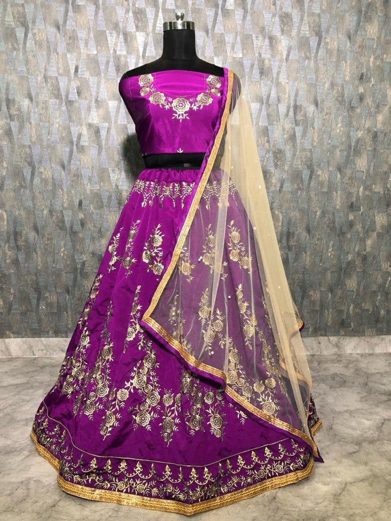 Lehenga Choli For Women Purple Color Lehenga Embroidery Work Wedding Bridal Lengha Choli With Net Dupatta Indian Party Wear Stitched Skirt