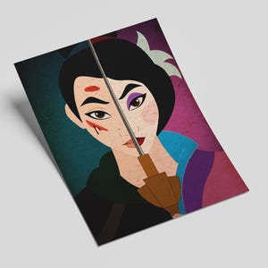 The artwork employs a minimalist style with bold, flat colors and simple shapes. The womans features are angular and exaggerated, with almond-shaped eyes and defined eyebrows. Her expression is stoic and determined, gazing directly at the viewer.