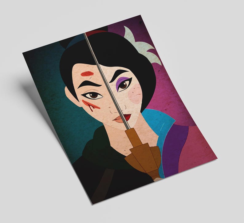 The artwork employs a minimalist style with bold, flat colors and simple shapes. The womans features are angular and exaggerated, with almond-shaped eyes and defined eyebrows. Her expression is stoic and determined, gazing directly at the viewer.