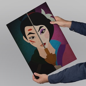 The contrast between the two halves of the face is stark, suggesting different aspects of the characters personality or roles. The color palette is rich and eye-catching.
