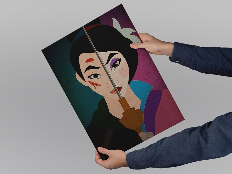 The contrast between the two halves of the face is stark, suggesting different aspects of the characters personality or roles. The color palette is rich and eye-catching.