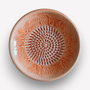 Könnte beinhalten: Eine terracottafarbene Keramikschüssel mit einem erhabenen, stacheligen Design in der Mitte. Die Schüssel hat ein dekoratives Blumenmuster am Rand.